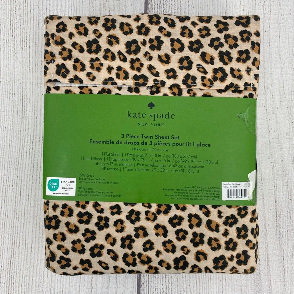 Kate Spade Sheet Set Twin Leopard Floral 100% Cotton Animal Print Cheetah